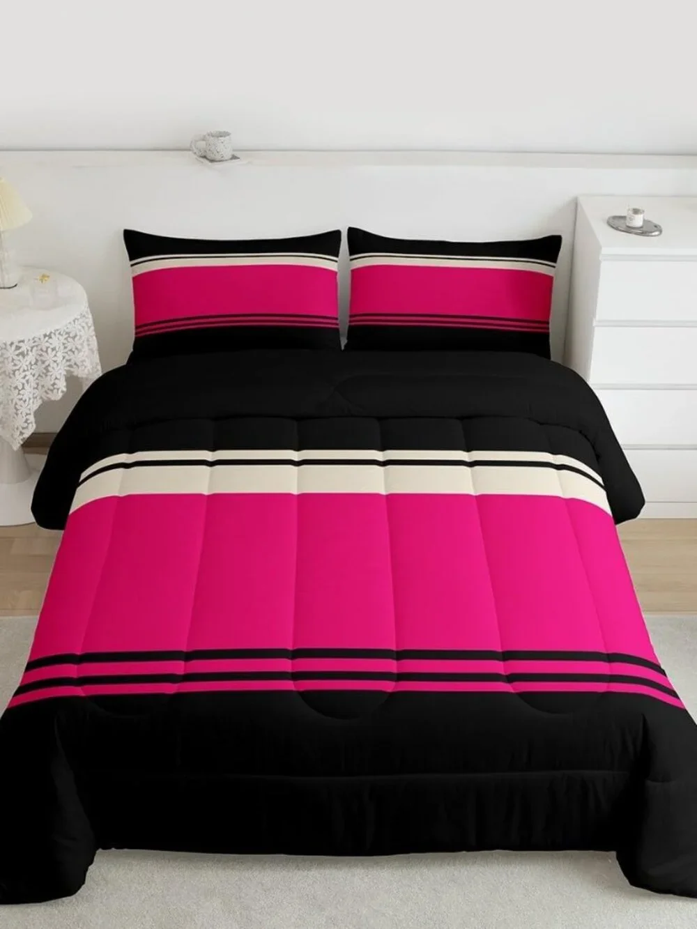 Patchwork Striped Comforter Set Hot Pink Black Stripes Bedding Sets Aesthetic Ge